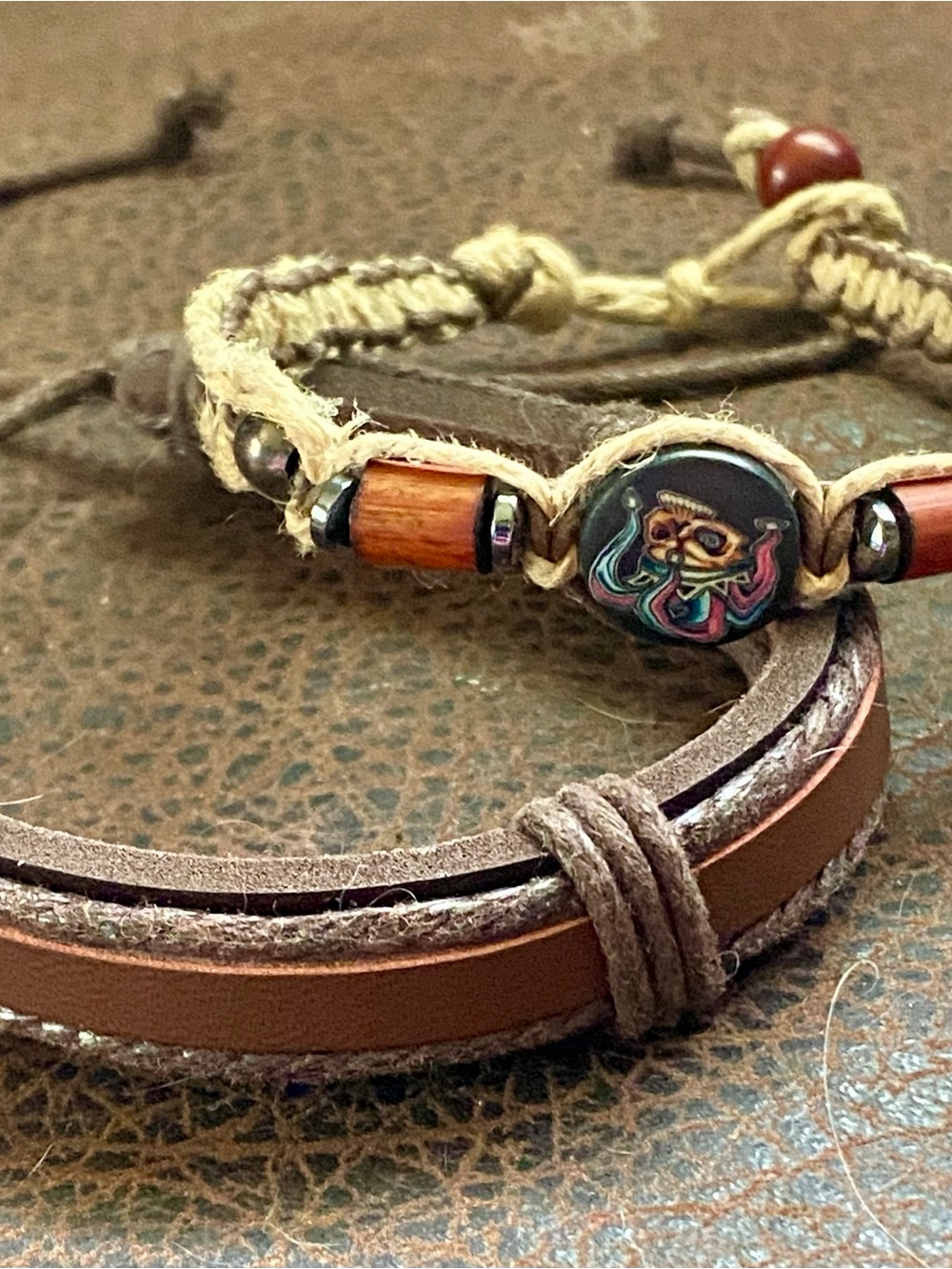 2 Men’s Leather & coolJester the Skull braided Bracelet Set - Brown & Tan